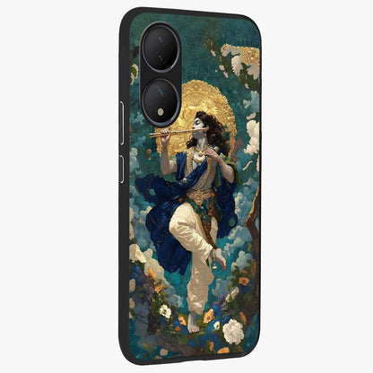 Divine Krishna Art Glass Case upright view showcasing divine Krishna artwork with sacred artistic theme.