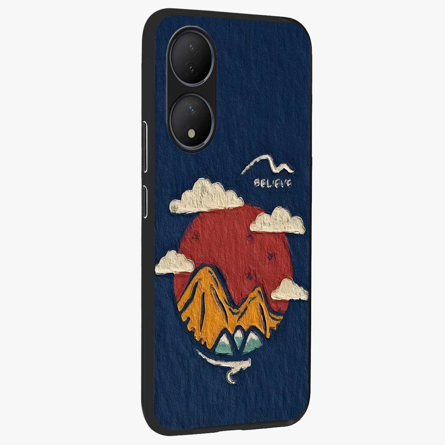 Dream Beyond Mountains Glass Case upright view showcasing beautiful mountain scenery with inspirational nature theme.