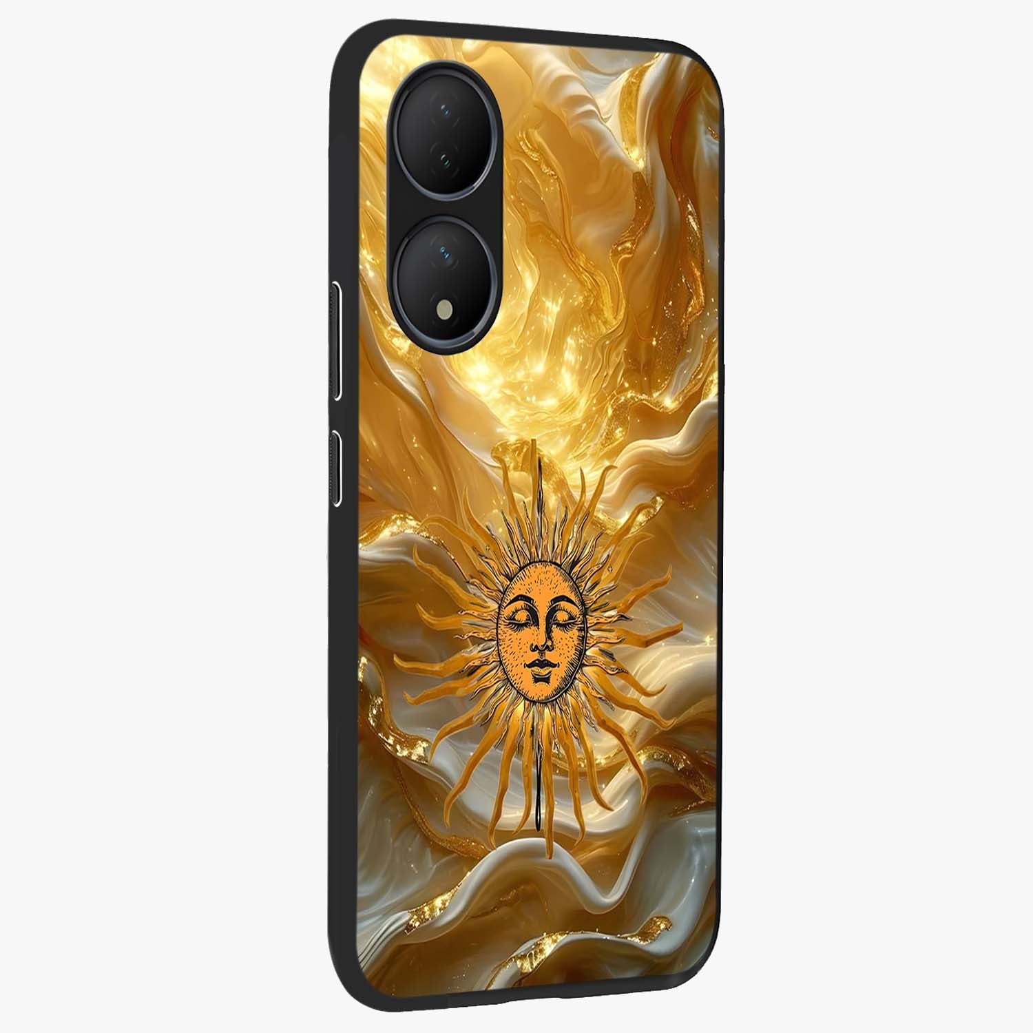 Eternal Golden Glow Glass Case upright view showcasing luminous golden artwork with luxurious visual theme.
