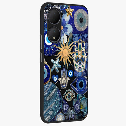 Evil Eye Charm Mix Glass Case upright view showcasing mystical evil eye pattern with vibrant decorative style.