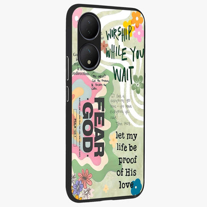 Faith Over Fear Glass Case upright view showcasing bold typography artwork with uplifting motivational theme.