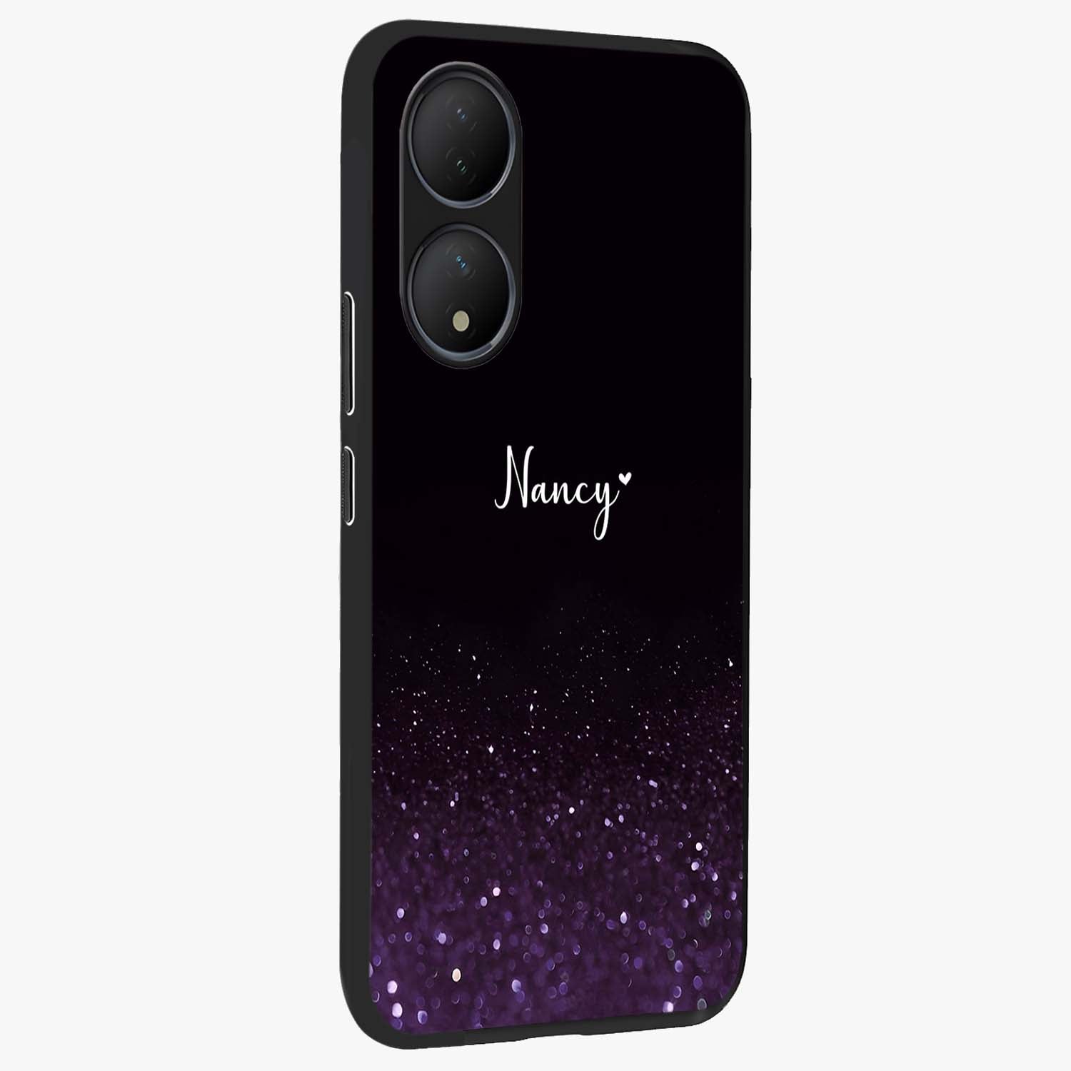 Glittery Purple Bokeh Custom Name Glass Case upright view showcasing vibrant purple sparkle artwork with personalized aesthetic style.
