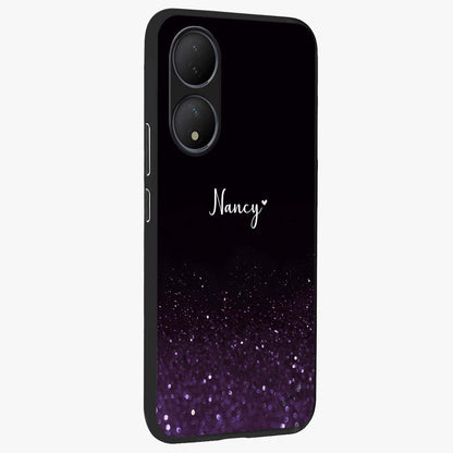 Glittery Purple Bokeh Custom Name Glass Case upright view showcasing vibrant purple sparkle artwork with personalized aesthetic style.