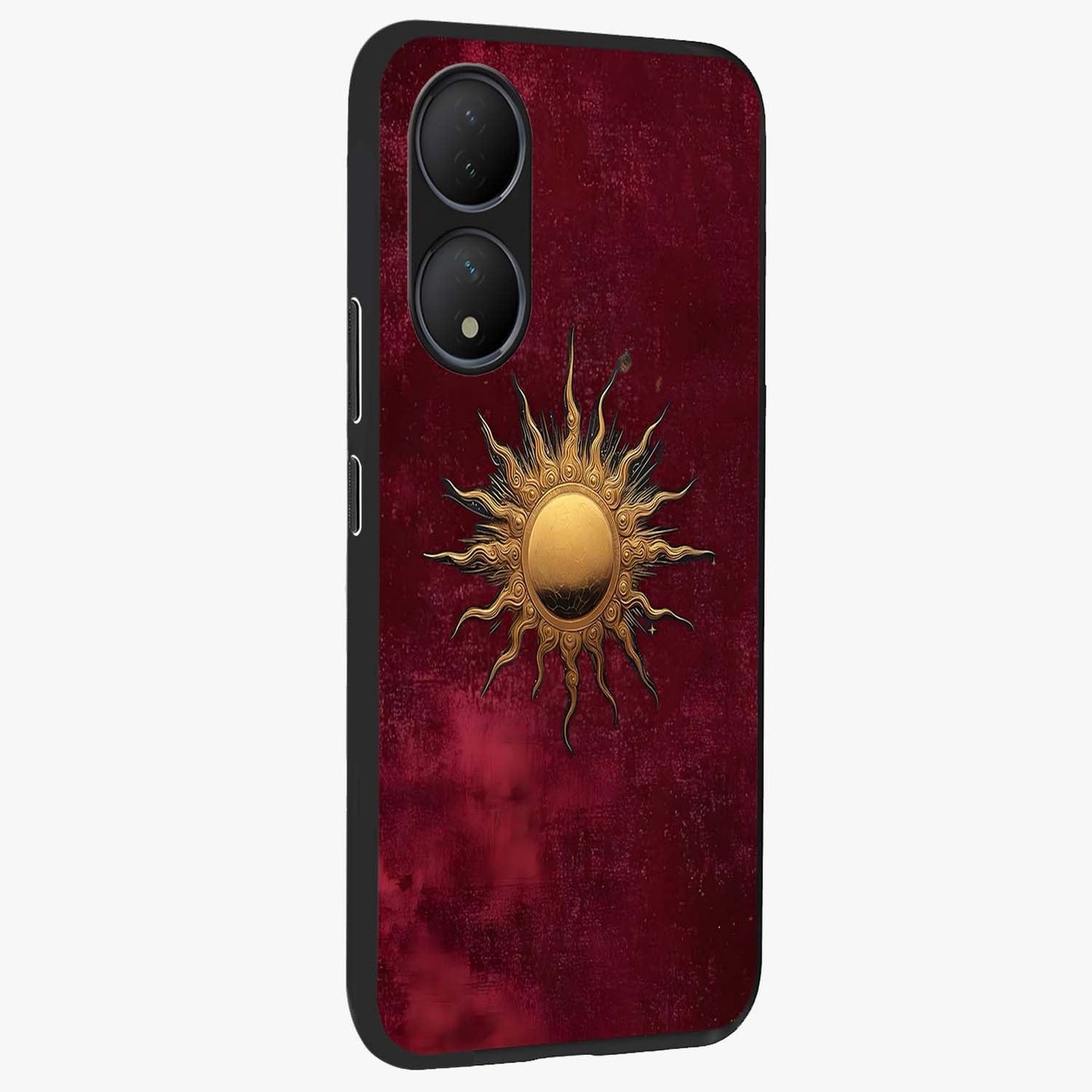 Golden Sun Minimalism Glass Case upright view showcasing simple golden sun artwork with elegant minimalist style.
