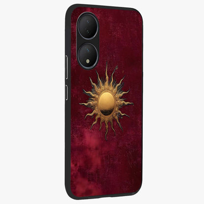 Golden Sun Minimalism Glass Case upright view showcasing simple golden sun artwork with elegant minimalist style.
