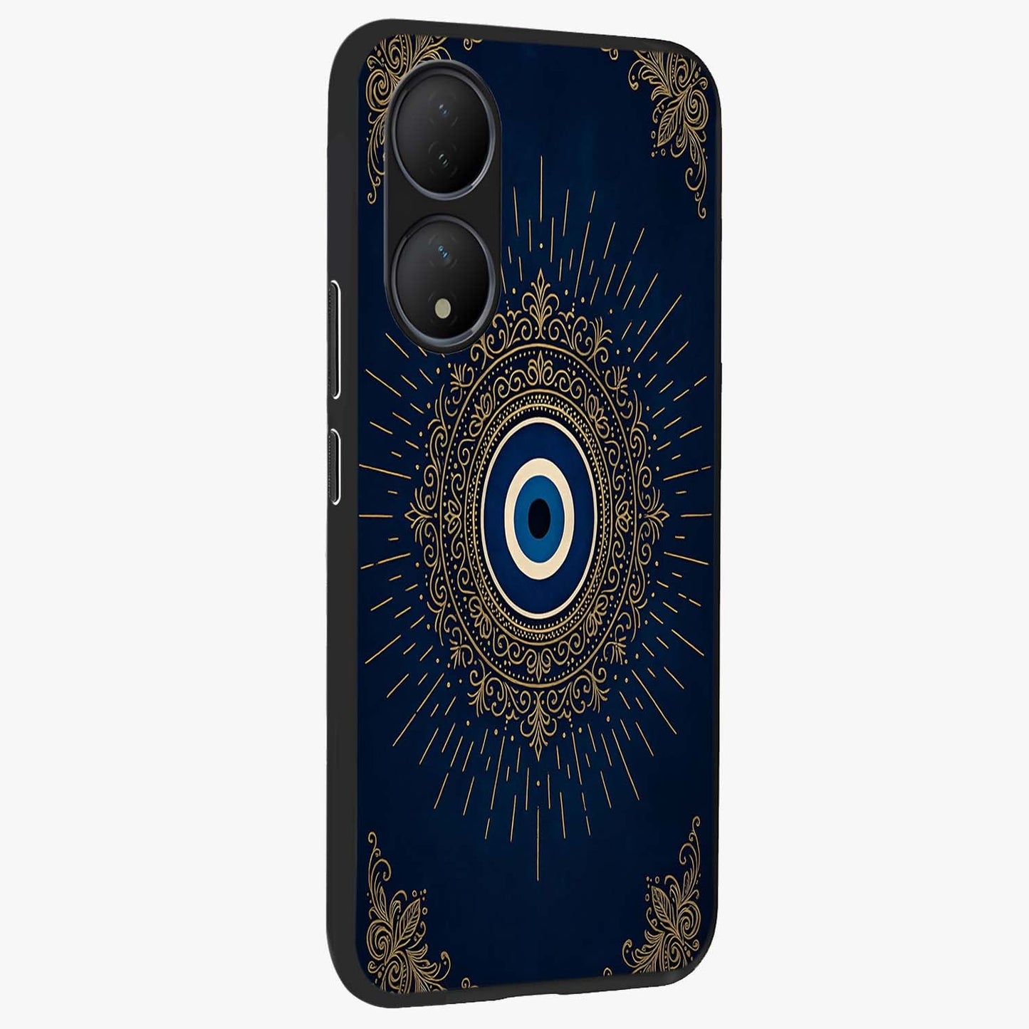 Golden Celestial Charm Glass Case upright view showcasing radiant celestial artwork with elegant golden theme.