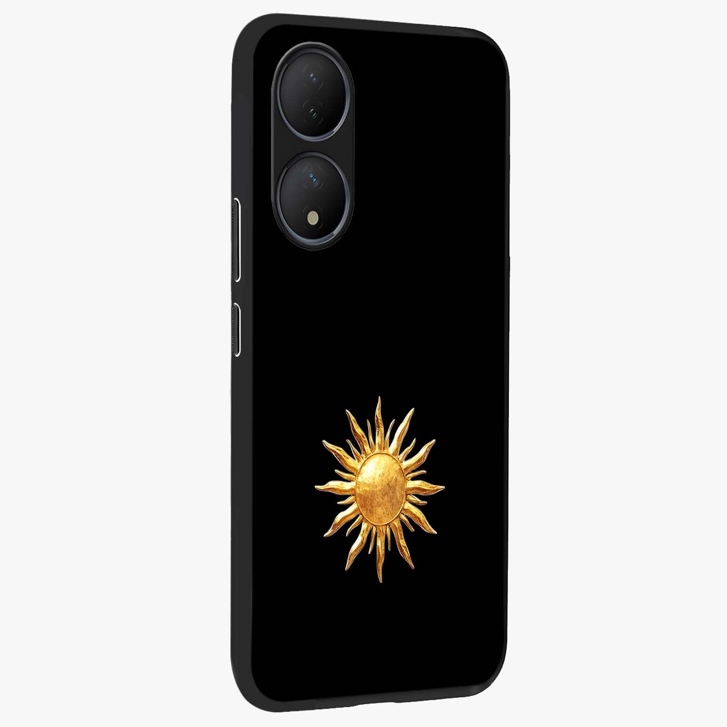 Golden Sun Minimalism Glass Case upright view showcasing haunting graveyard artwork with dramatic dark theme.