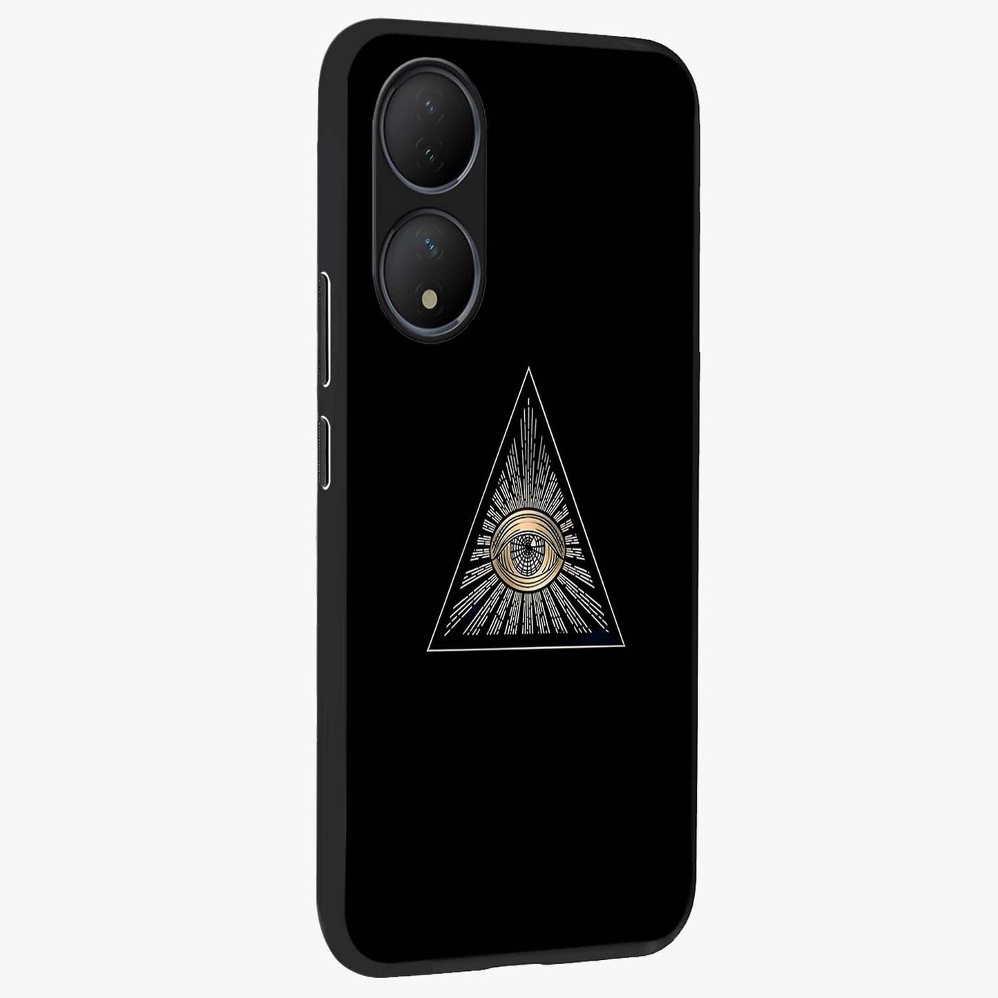 Illuminati Evil Glass Case upright view showcasing striking illuminati artwork with mysterious symbolic theme.