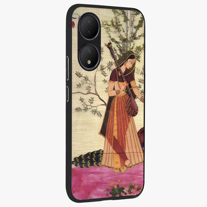 Lady With Veena Art Glass Case upright view showcasing classical veena artwork with traditional artistic theme.