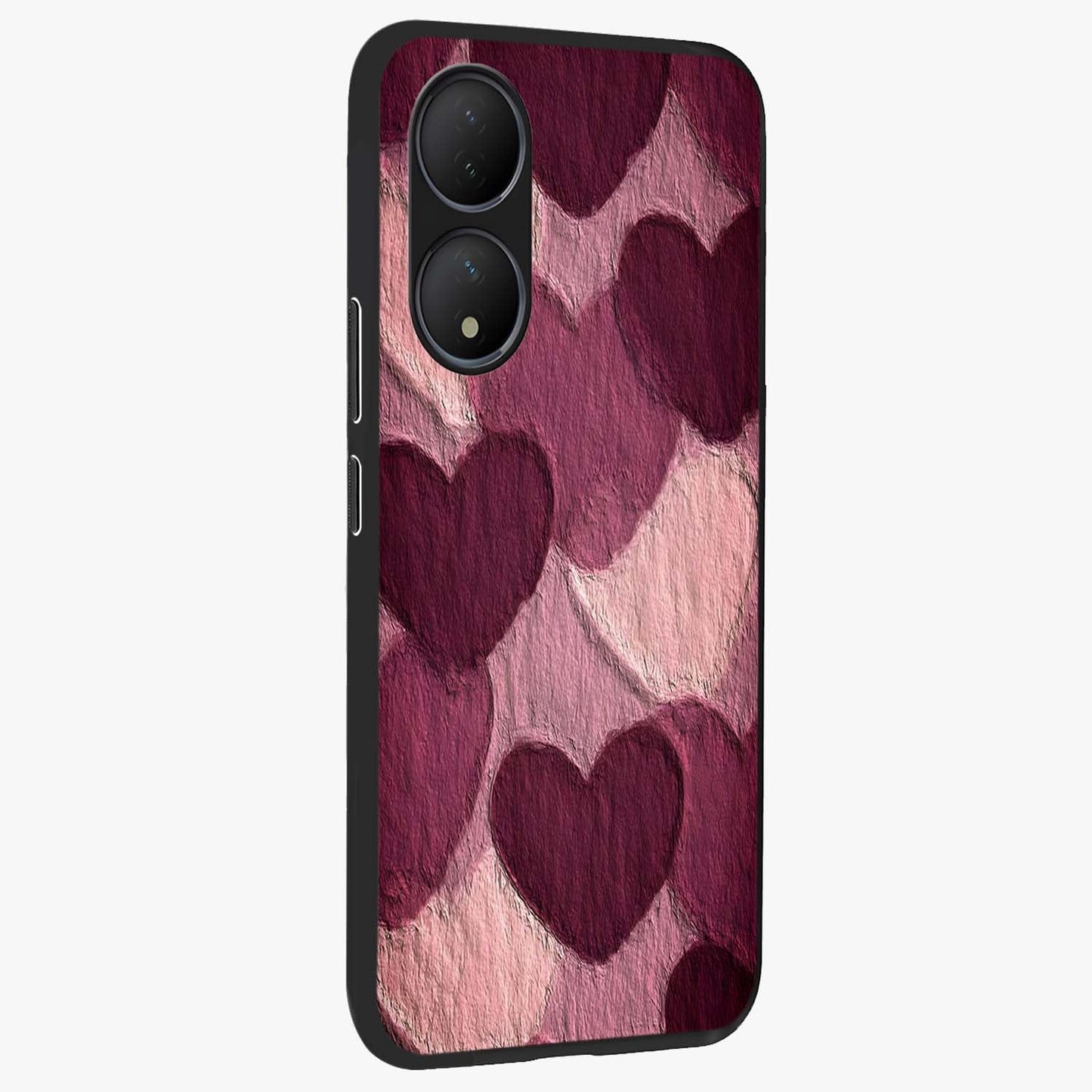 Layered Paper Hearts Glass Case upright view showcasing decorative layered heart artwork with sweet love theme.