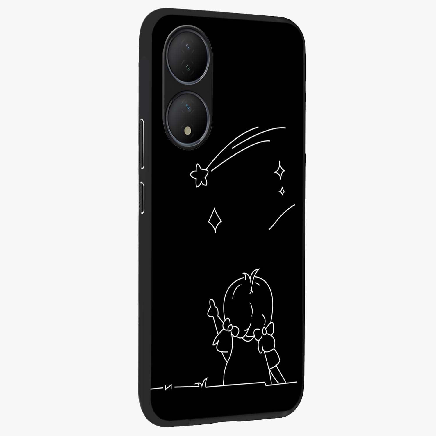 Line Art Girl With Shooting Stars Glass Case upright view showcasing delicate shooting stars artwork with minimal artistic theme.