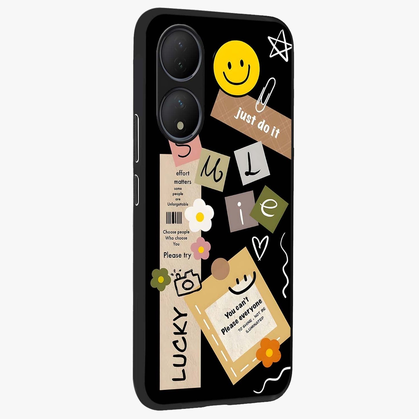 Lucky Aesthetic Collage Glass Case upright view showcasing vibrant collage artwork with youthful aesthetic theme.