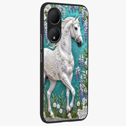 Majestic Floral Stallion Glass Case upright view showcasing dramatic horse artwork with decorative floral theme.