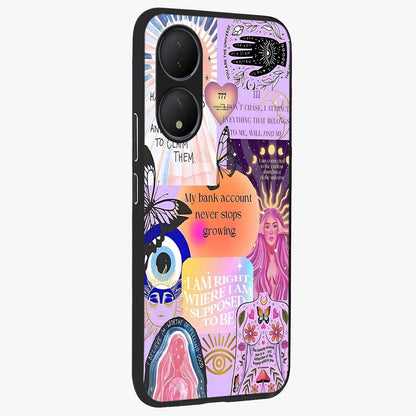 Manifestation Collage Glass Case upright view showcasing artistic manifestation themed artwork with creative style.