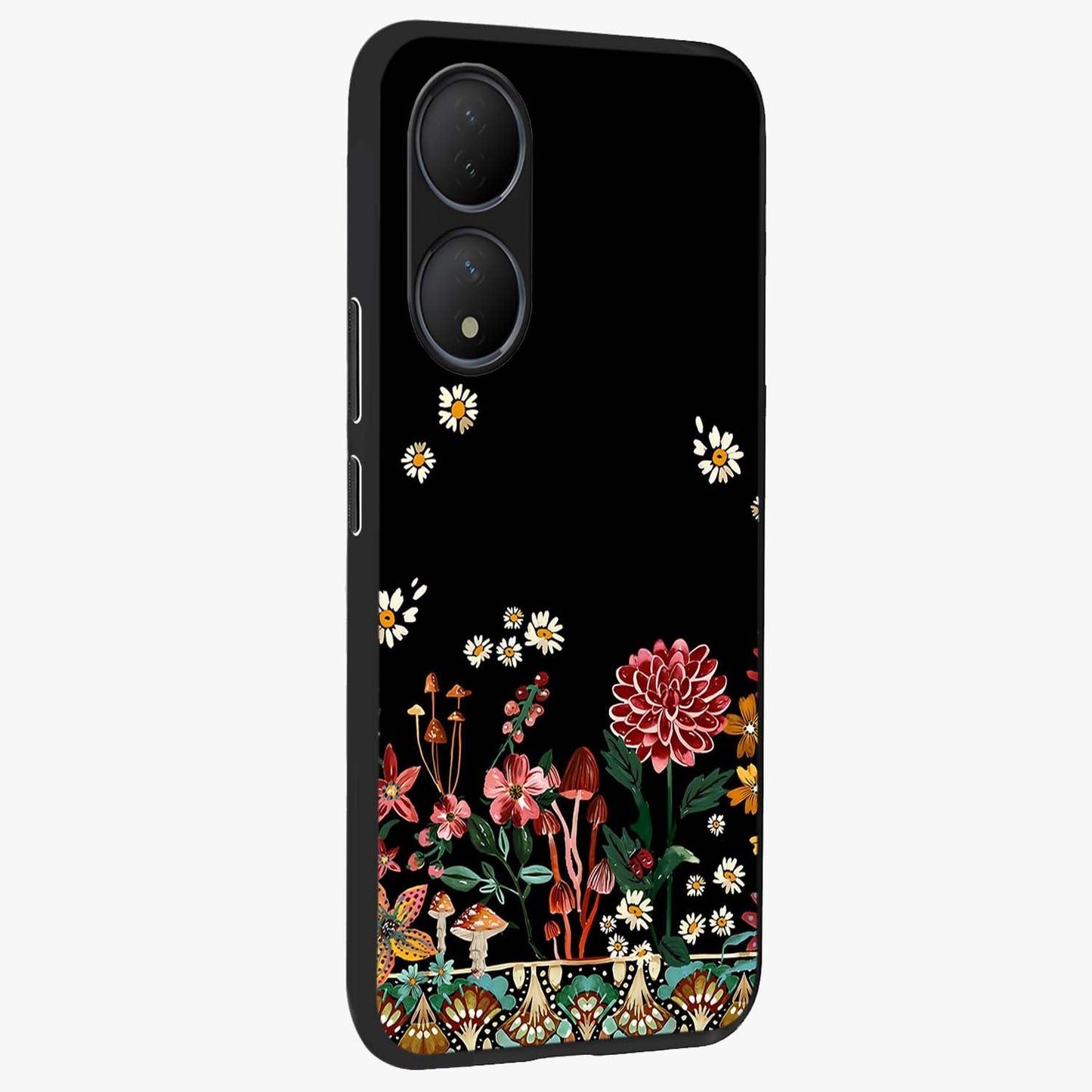 Midnight Bloom Pattern Glass Case upright view showcasing decorative floral artwork with deep night themed palette.
