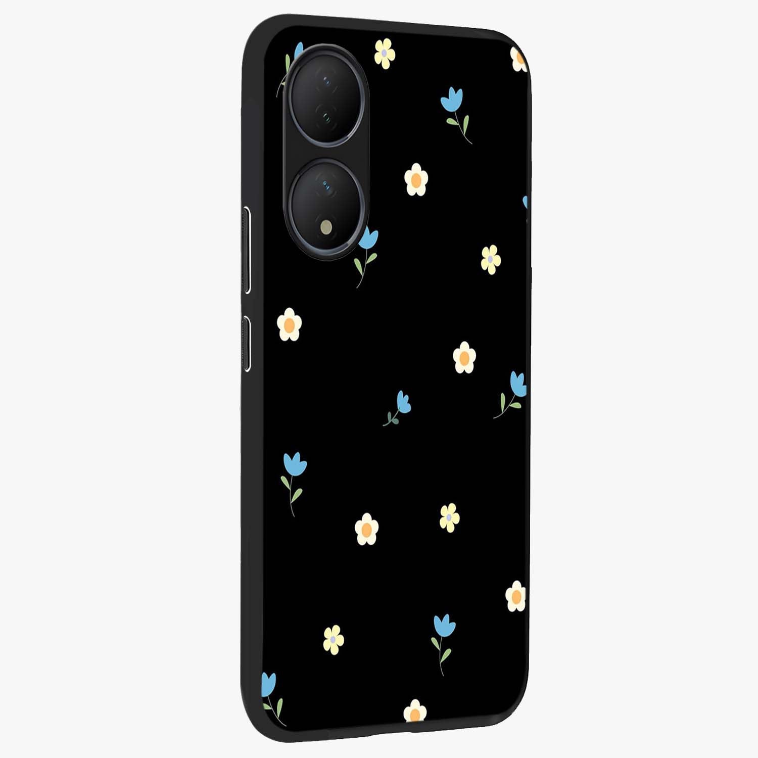Minimal Petal Whispers Glass Case upright view showcasing elegant floral artwork with modern minimalist style.