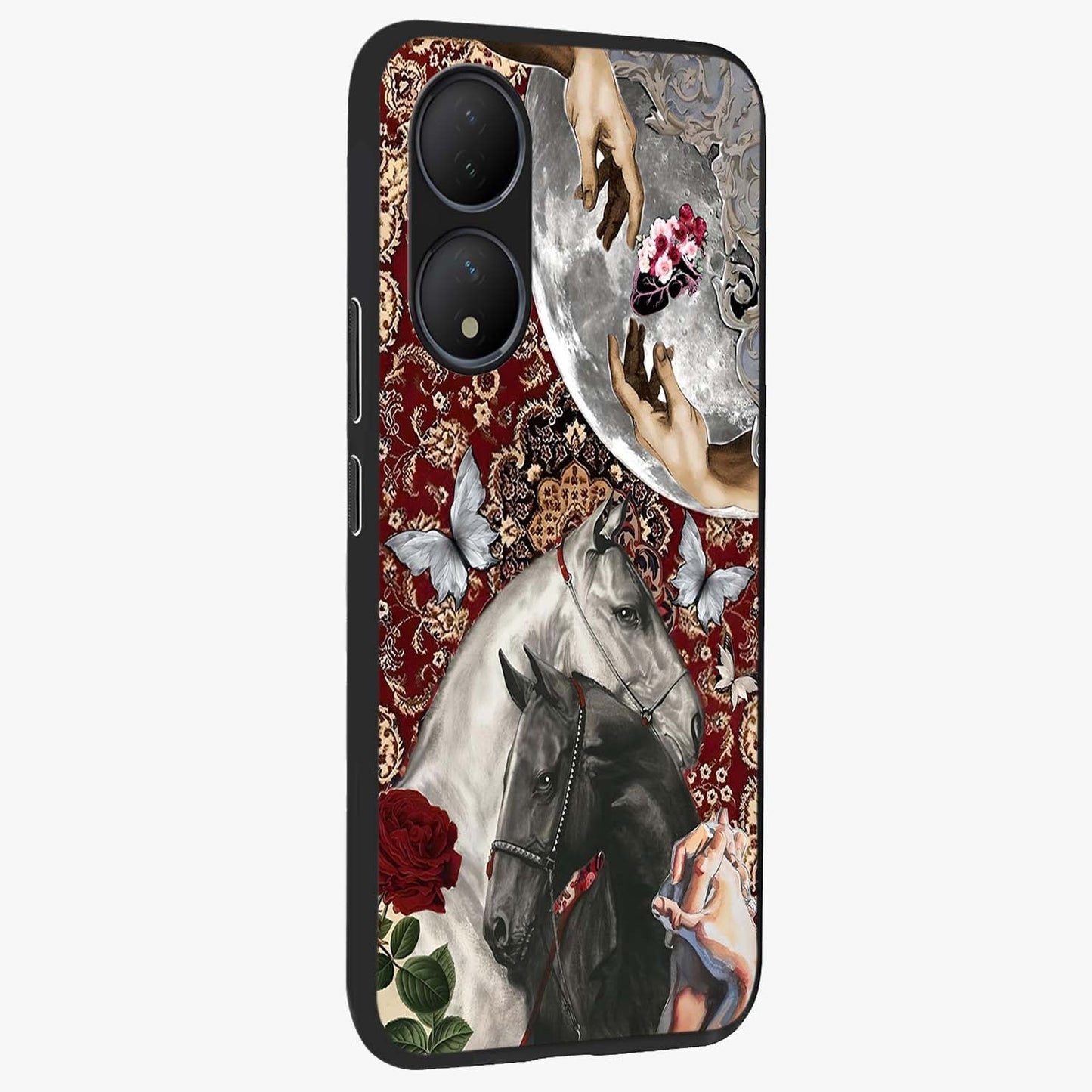 Moonlit Royal Stallion Glass Case upright view showcasing dramatic horse artwork with glowing moon themed design.