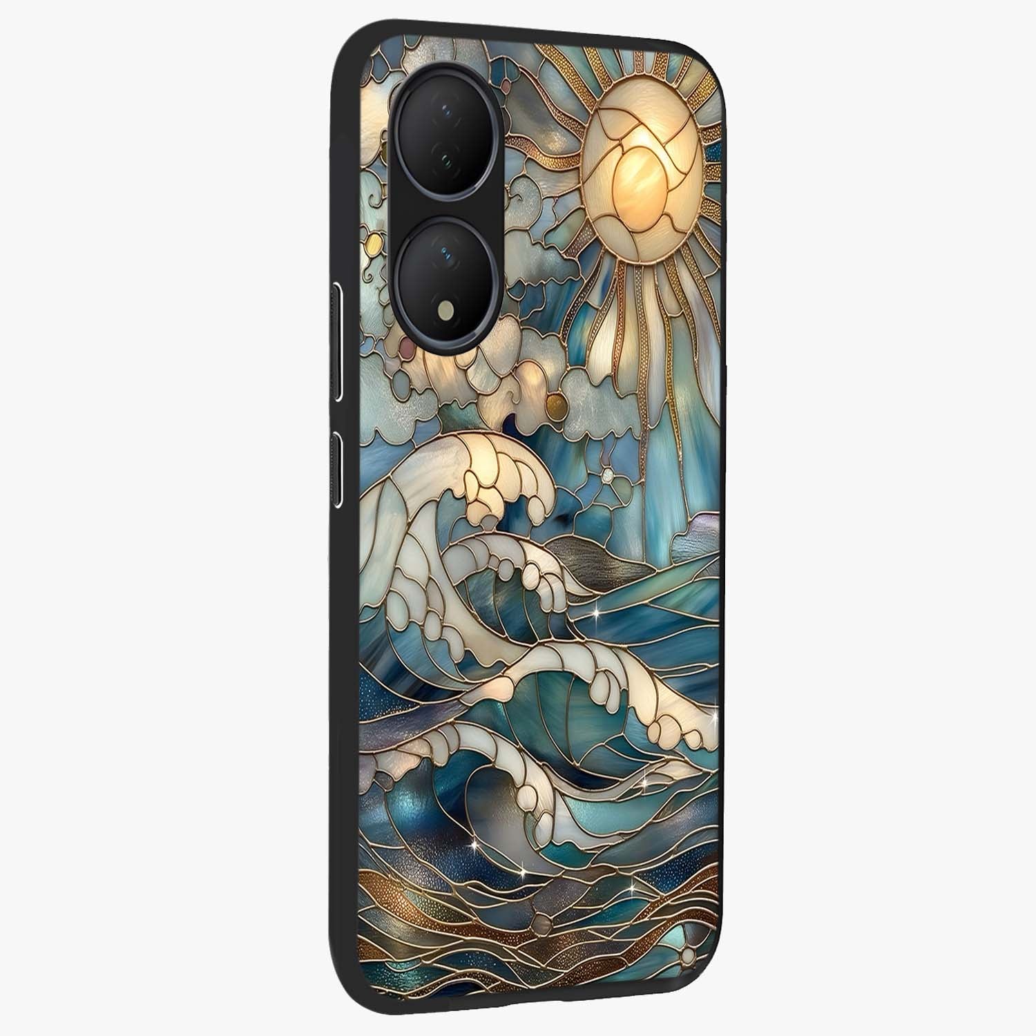 Oceanic Stained Printed Glass Case upright view showcasing decorative ocean pattern artwork with vibrant marine theme.