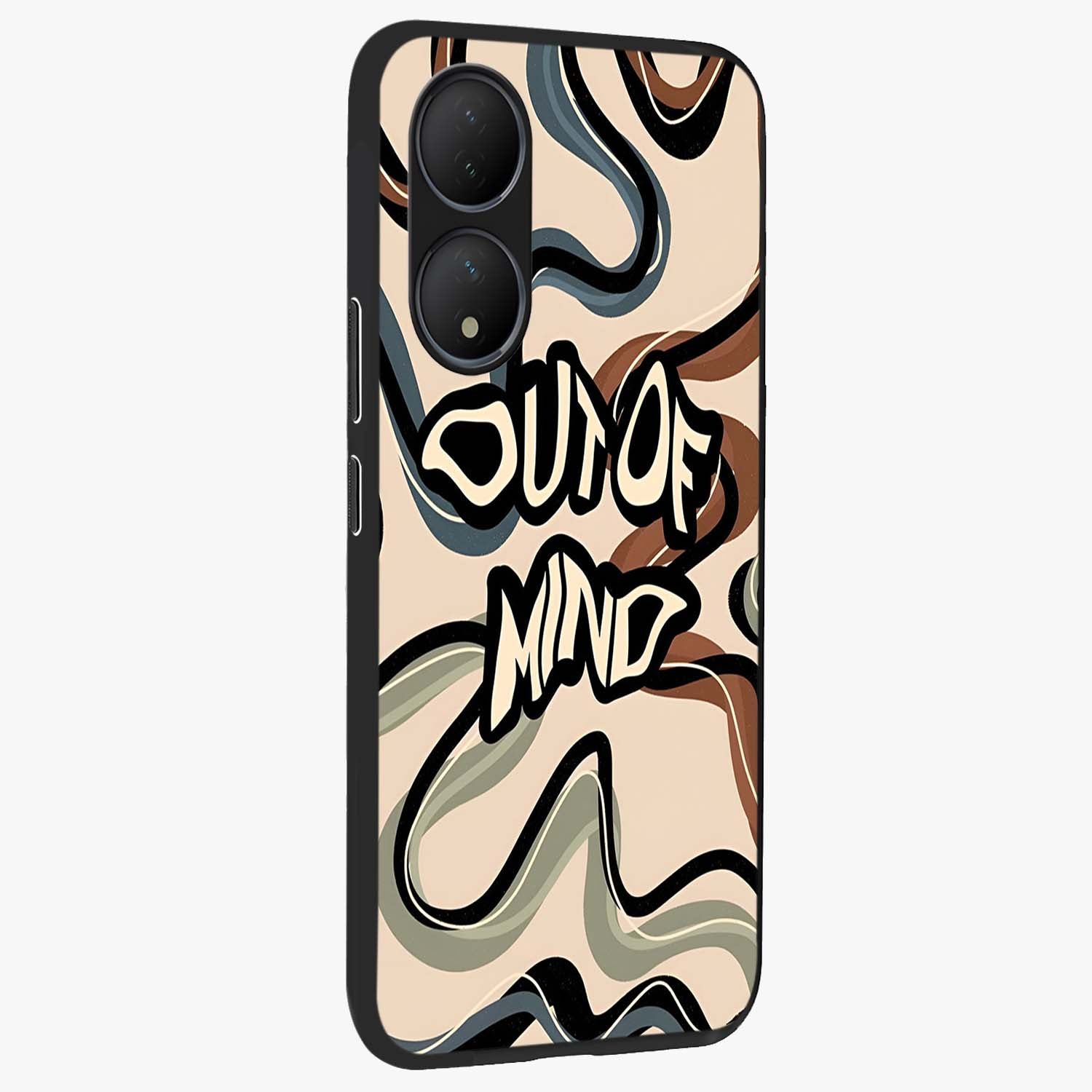 Out Of Mind Glass Case upright view showcasing striking typography artwork with edgy conceptual theme.