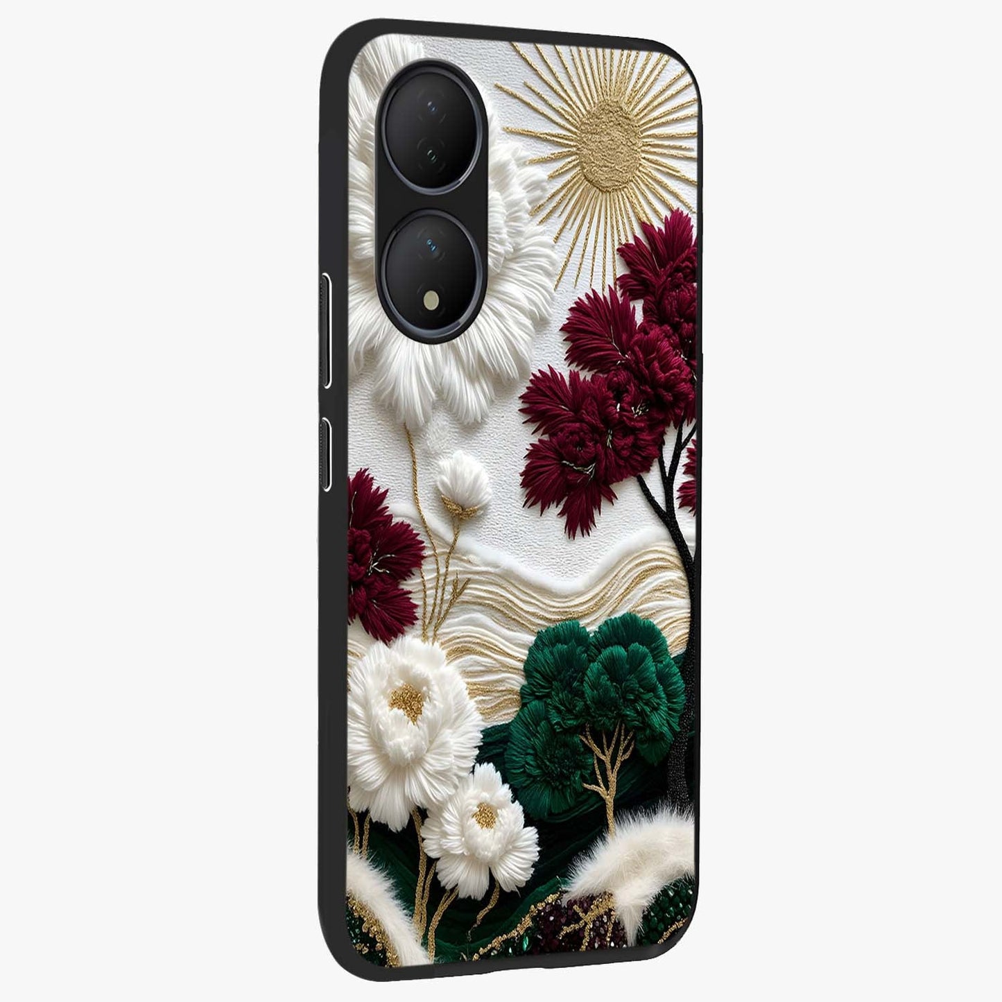 Radiant Bloom Elegance Glass Case upright view showcasing decorative flower artwork with refined botanical theme.
