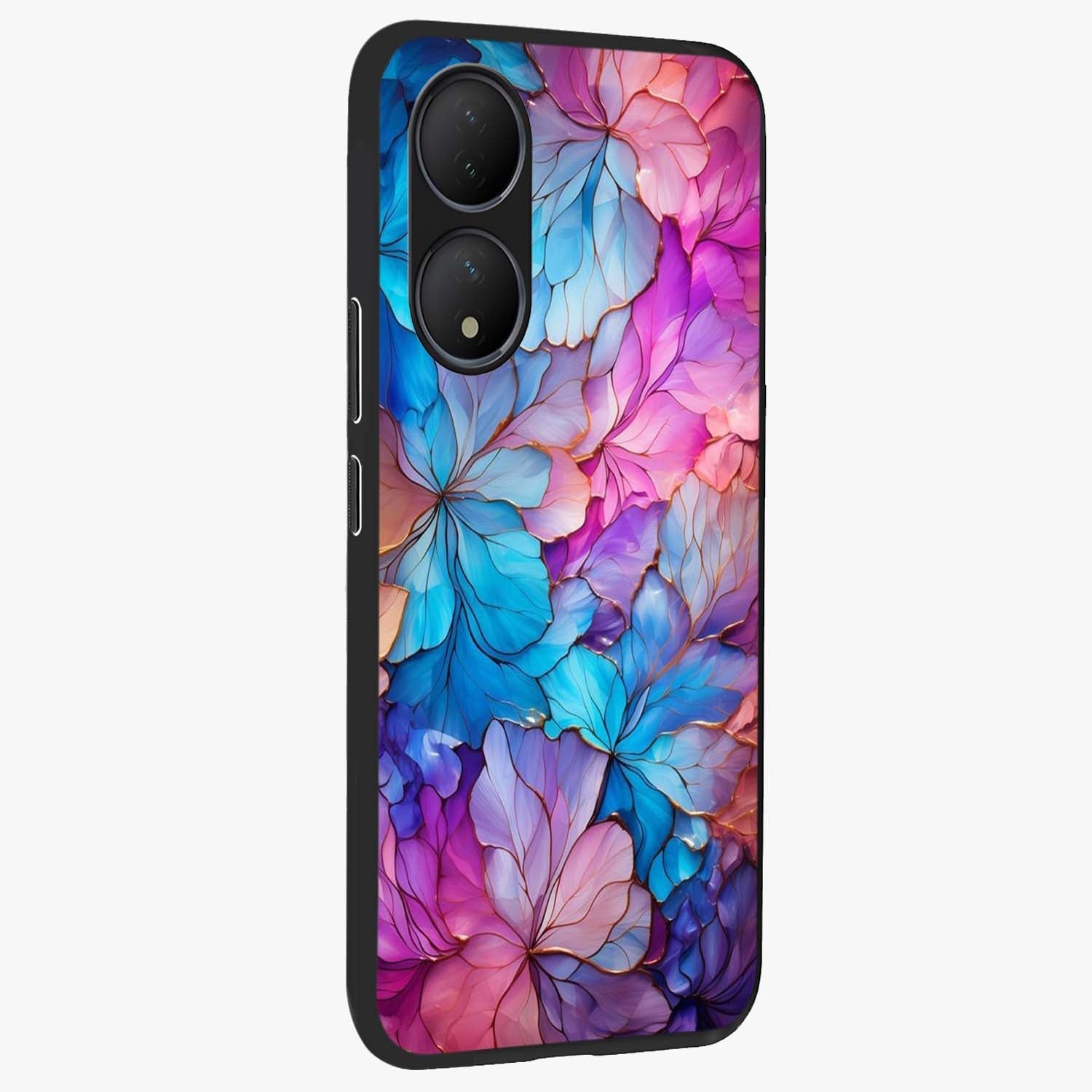 Radiant Floral Whirl Glass Case upright view showcasing lively floral artwork with decorative swirl theme.