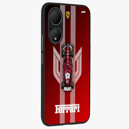 Red Ferrari F1 Vertical Glass Case upright view showcasing powerful Formula car artwork with dynamic motorsport theme.