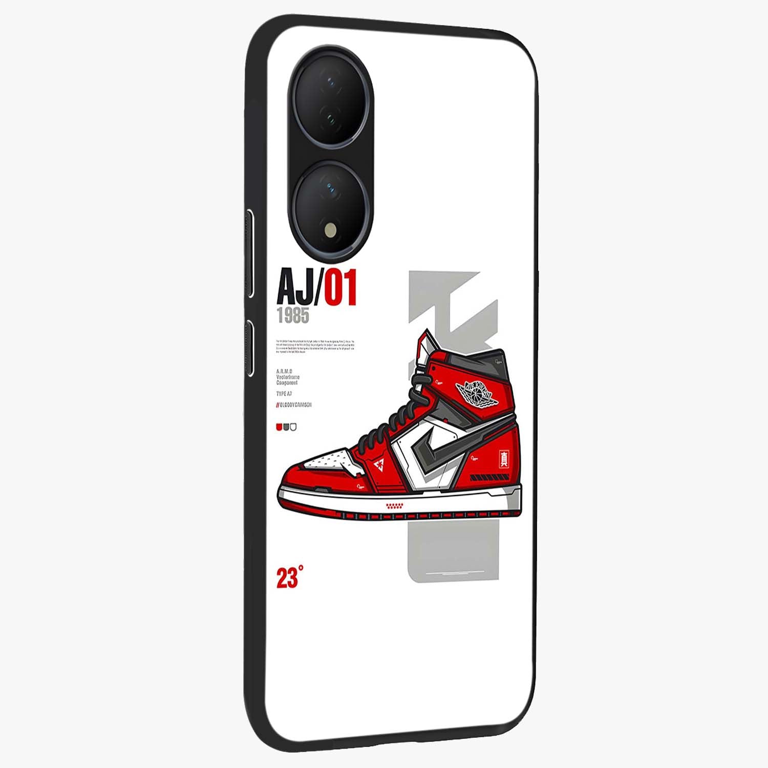 Retro Sneaker Blueprint Glass Case upright view showcasing stylish sneaker illustration with vintage streetwear theme.