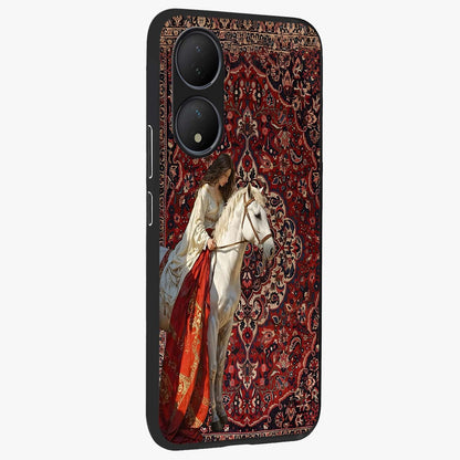 Royal Rider Tapestry Glass Case upright view showcasing detailed rider artwork with classic tapestry theme.