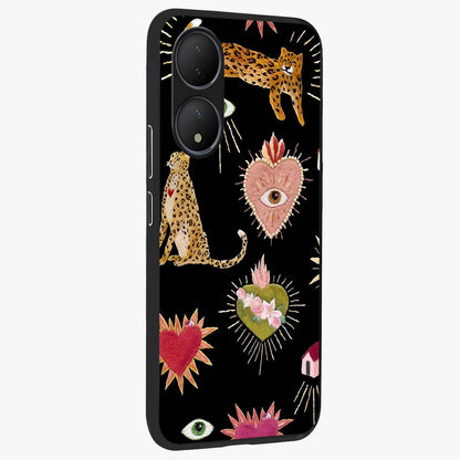 Sacred Jungle Heart Glass Case upright view showcasing vibrant jungle artwork with symbolic heart theme.