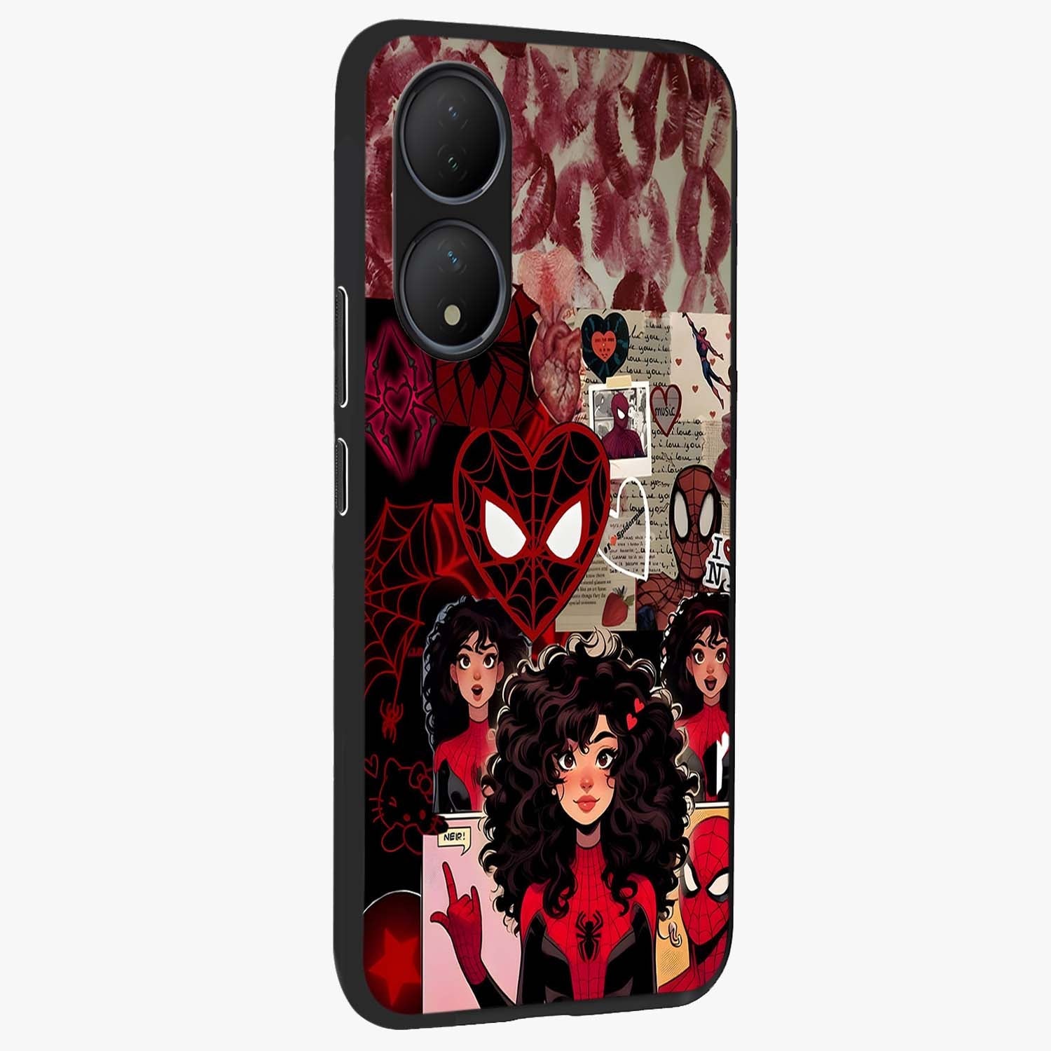 Spider Love Story Glass Case upright view showcasing charming superhero artwork with romantic comic theme.