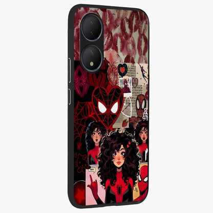 Spider Love Story Glass Case upright view showcasing charming superhero artwork with romantic comic theme.