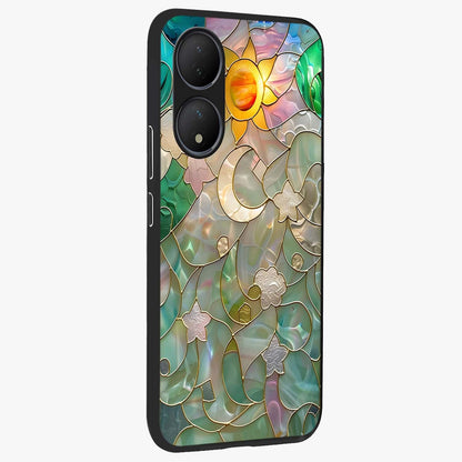 Stained Sunrise Glow Glass Case upright view showcasing colorful sunrise artwork with warm morning theme.