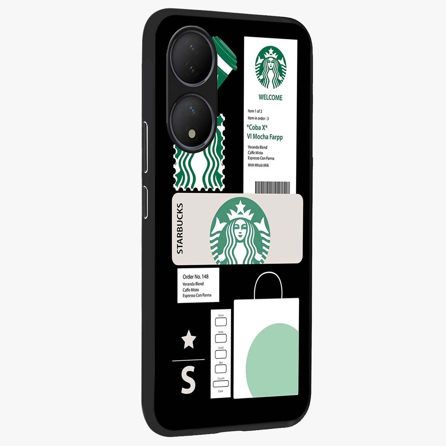 Starbucks Mocha Glass Case upright view showcasing trendy coffee inspired artwork with modern lifestyle theme.