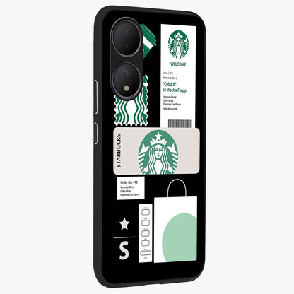 Starbucks Mocha Glass Case upright view showcasing trendy coffee inspired artwork with modern lifestyle theme.