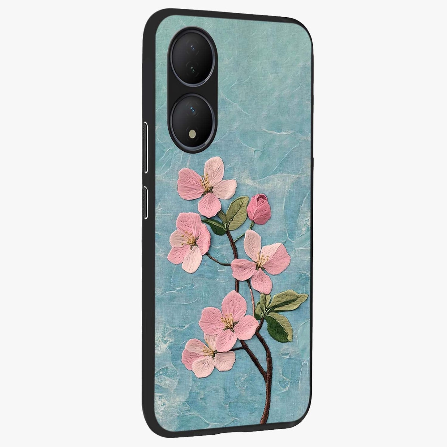 Threaded Blossom Breeze Glass Case upright view showcasing graceful flower artwork with calm botanical theme.