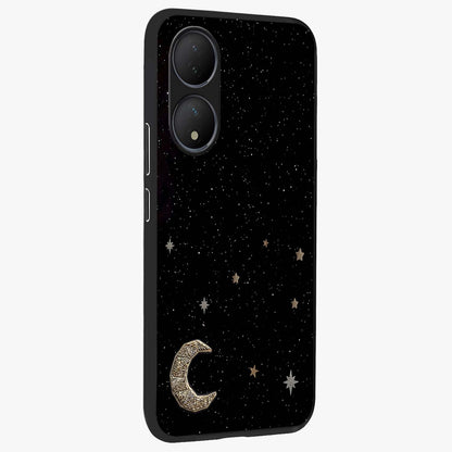 Twinkle Star With Half Moon Glass Case upright view showcasing glowing cosmic artwork with dreamy night theme.