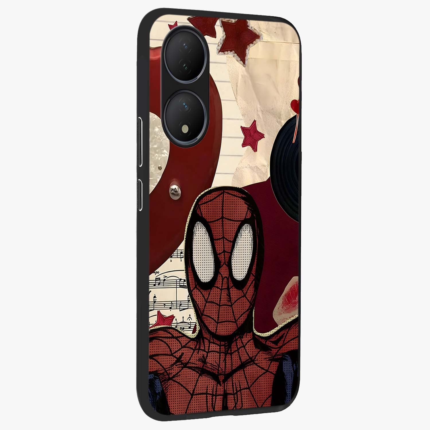 Web Warrior Vibes Glass Case upright view showcasing energetic superhero artwork with bold action theme.