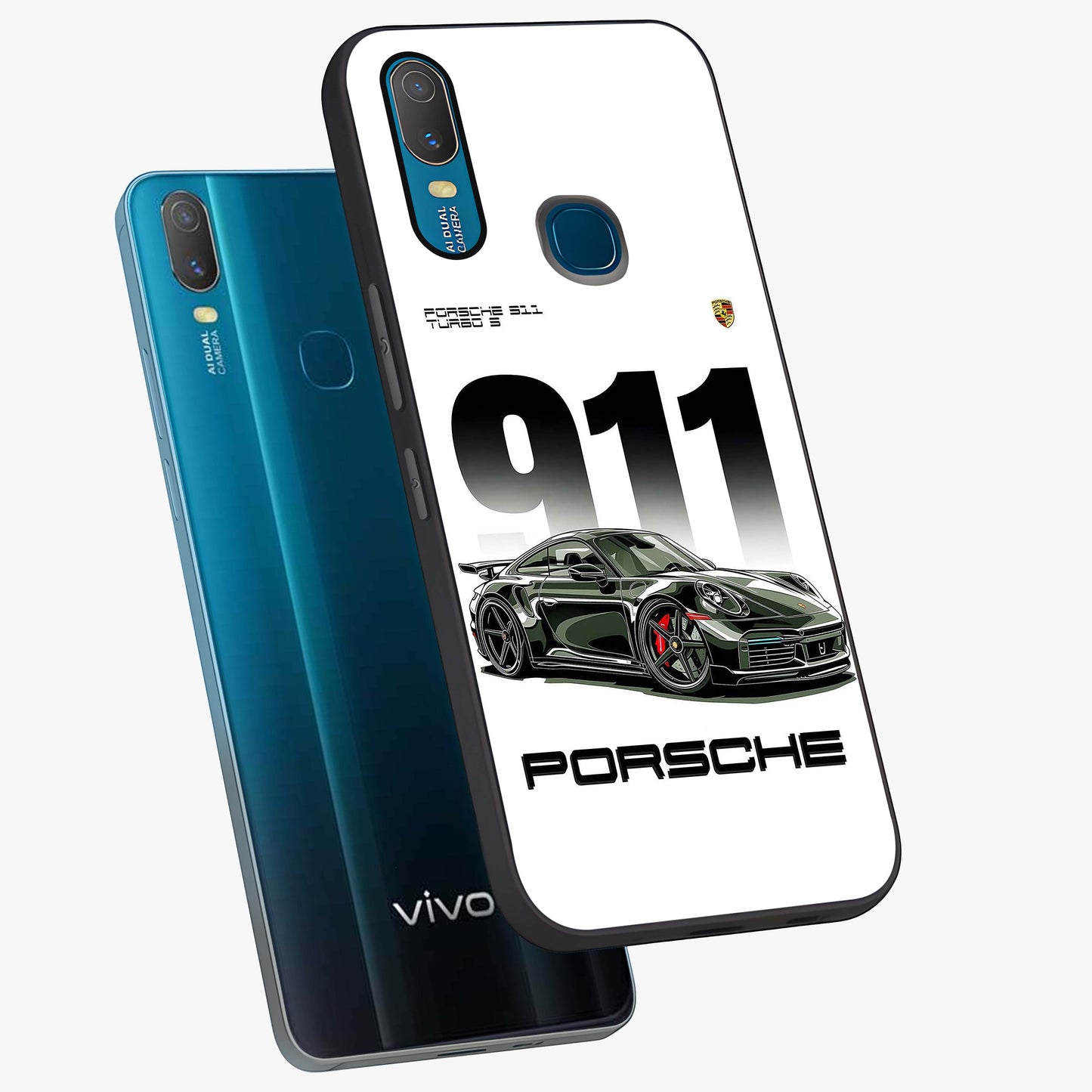 911 Turbo Dominance Glass Case displayed in premium angled mockup highlighting sporty car illustration and sleek glass surface.
