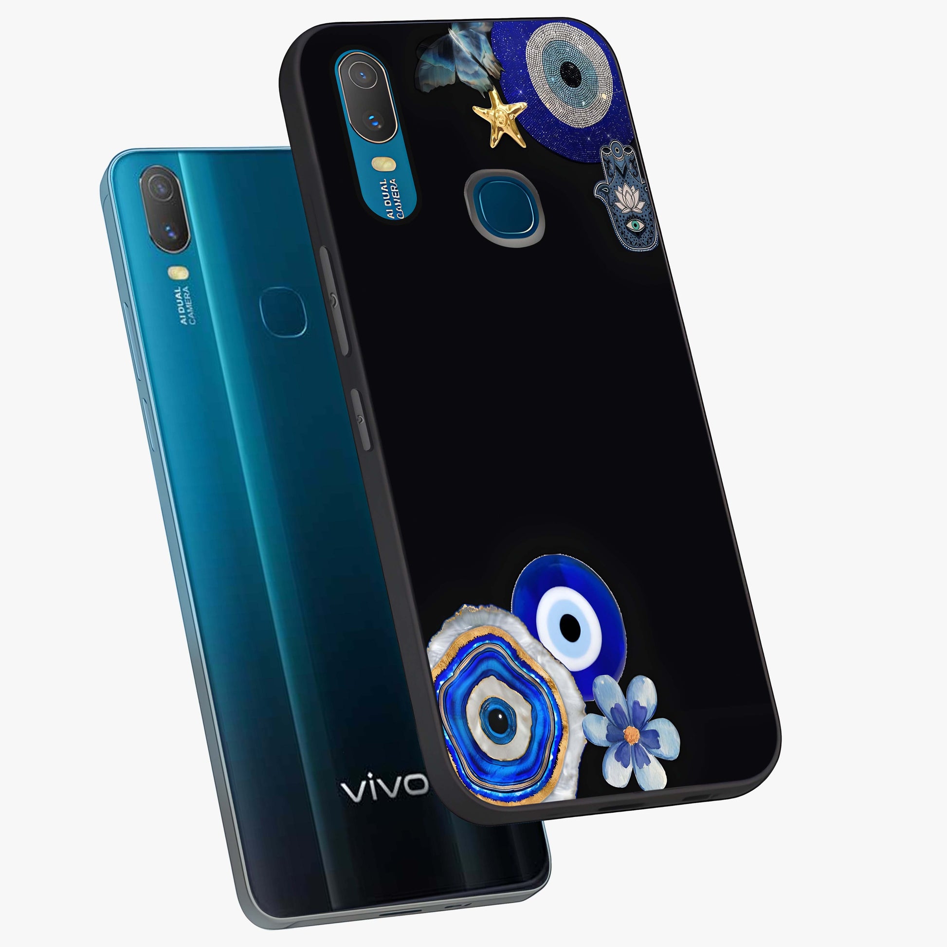 Aesthetic Blue Evil Eye Glass Case displayed in angled mockup highlighting blue evil eye symbol and spiritual aesthetic design.
