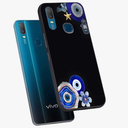 Aesthetic Blue Evil Eye Glass Case displayed in angled mockup highlighting blue evil eye symbol and spiritual aesthetic design.
