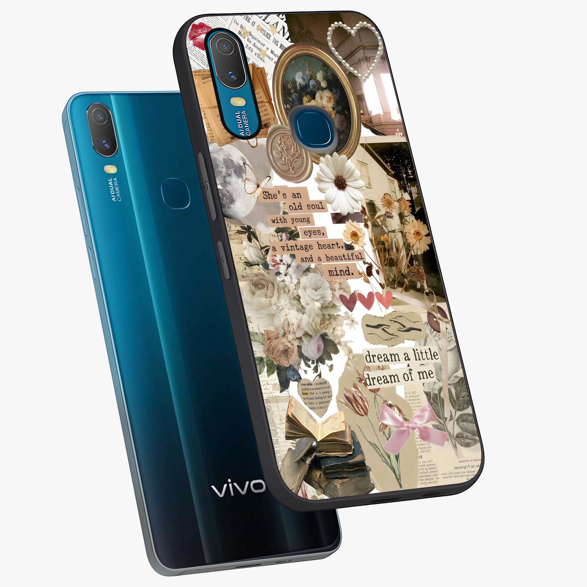 Aesthetic Brown Vintage Collage Glass Case displayed in angled mockup highlighting vintage aesthetic collage design.