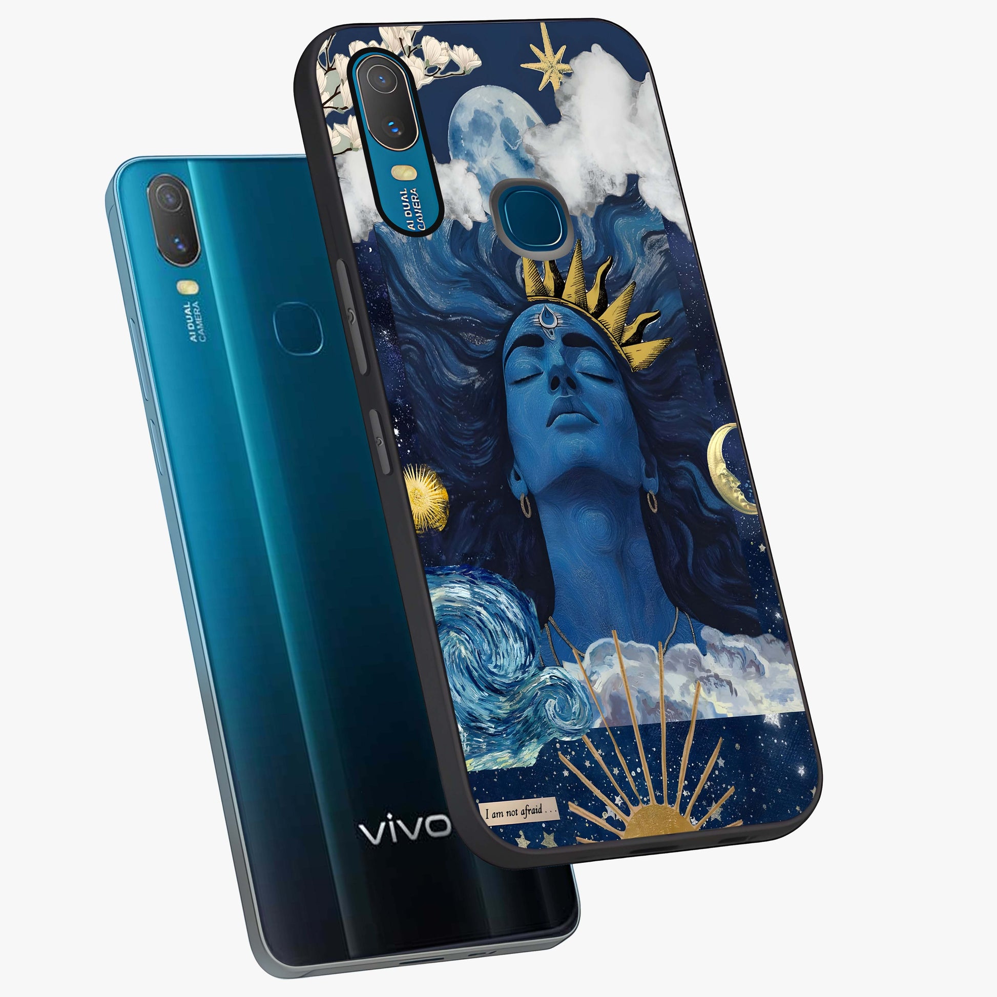 Aesthetic Lord Shiva Glass Case displayed in angled mockup highlighting spiritual Shiva illustration and sacred aesthetic design.