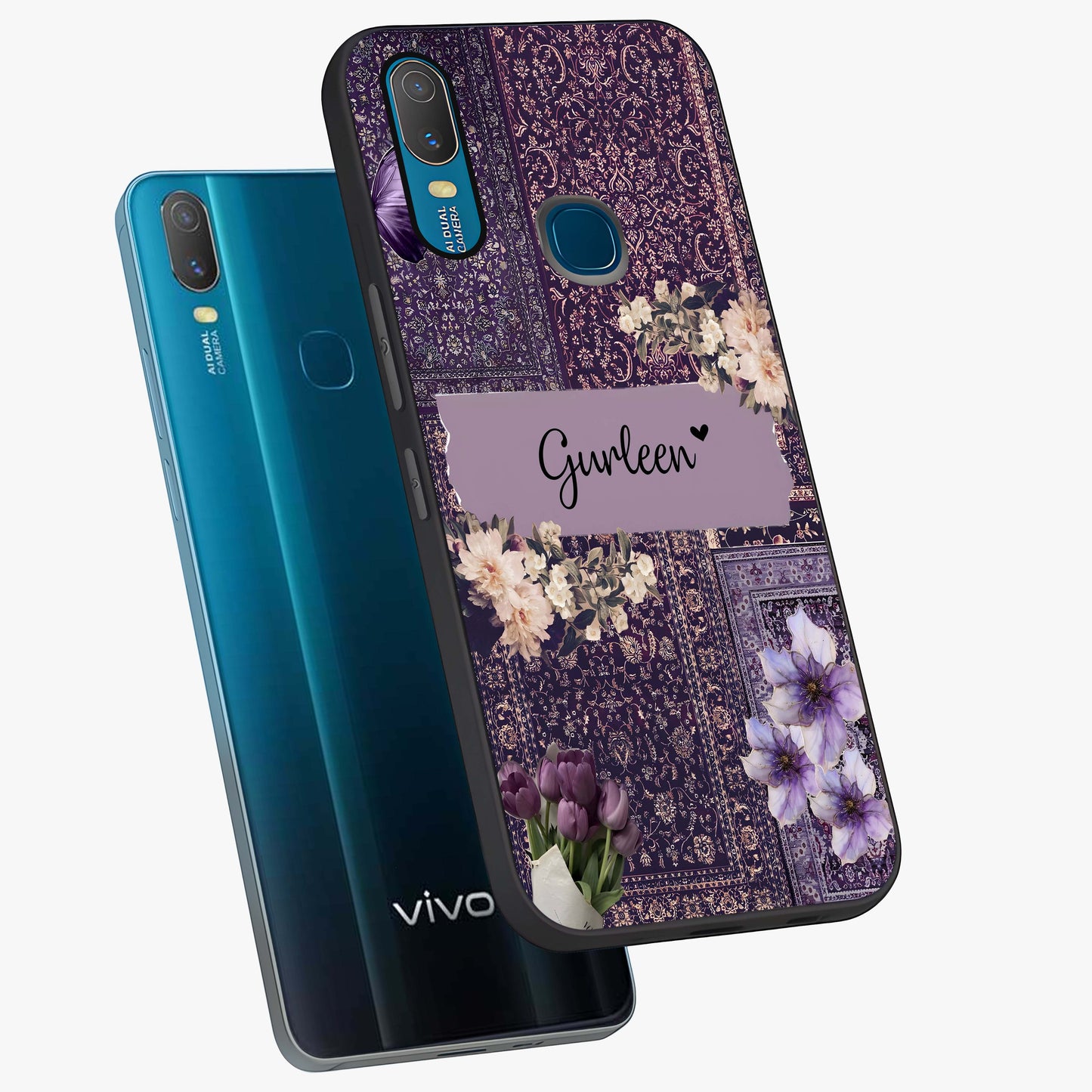 Antique Floral Whisper Custom Name Glass Case displayed in angled mockup highlighting elegant antique floral aesthetic.