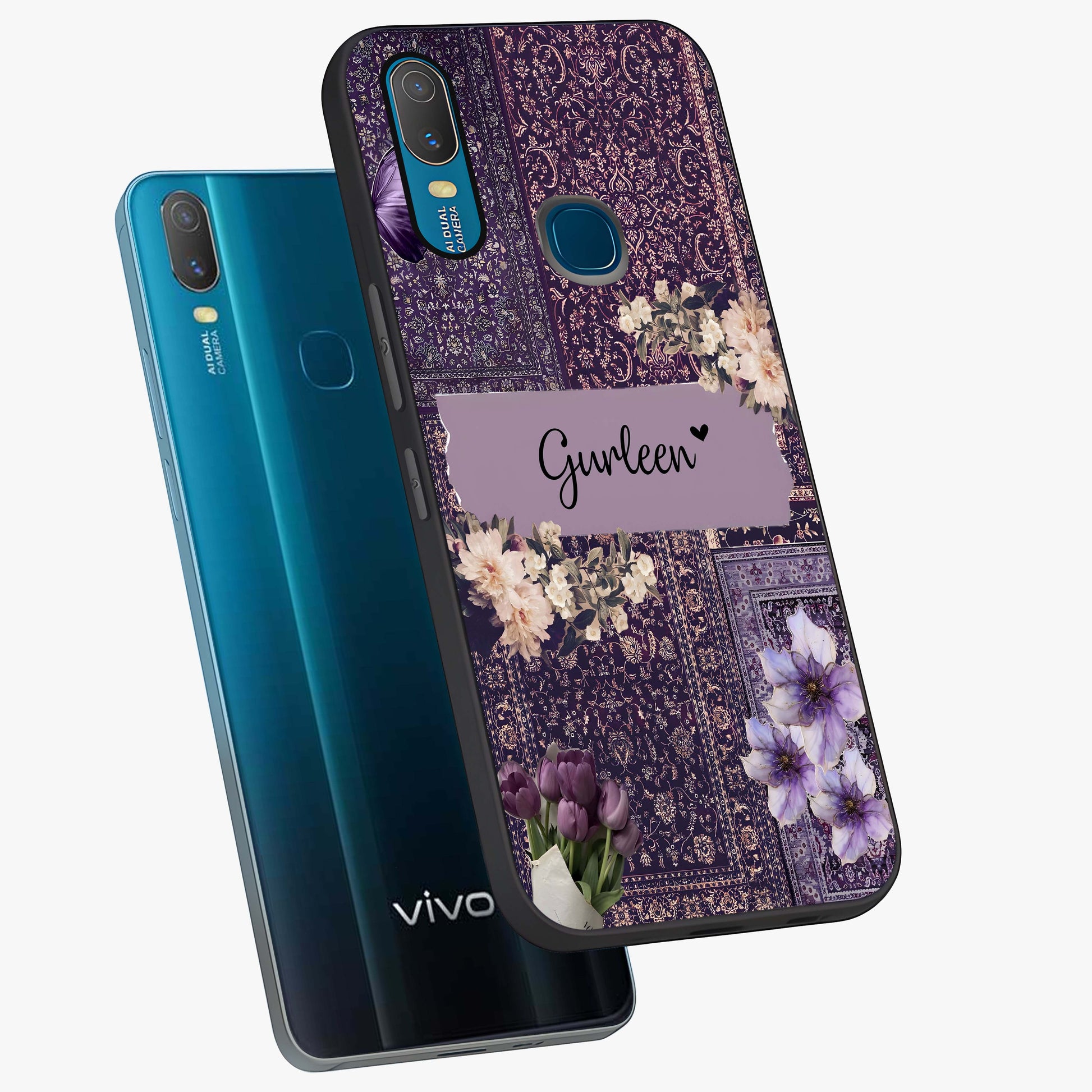 Antique Floral Whisper Custom Name Glass Case displayed in angled mockup highlighting elegant antique floral aesthetic.