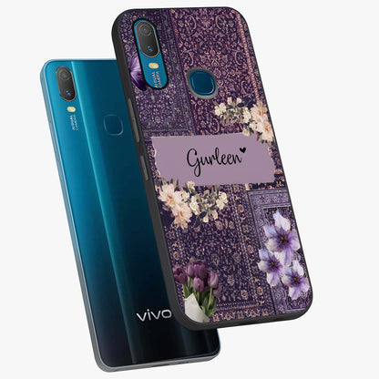 Antique Floral Whisper Custom Name Glass Case displayed in angled mockup highlighting elegant antique floral aesthetic.