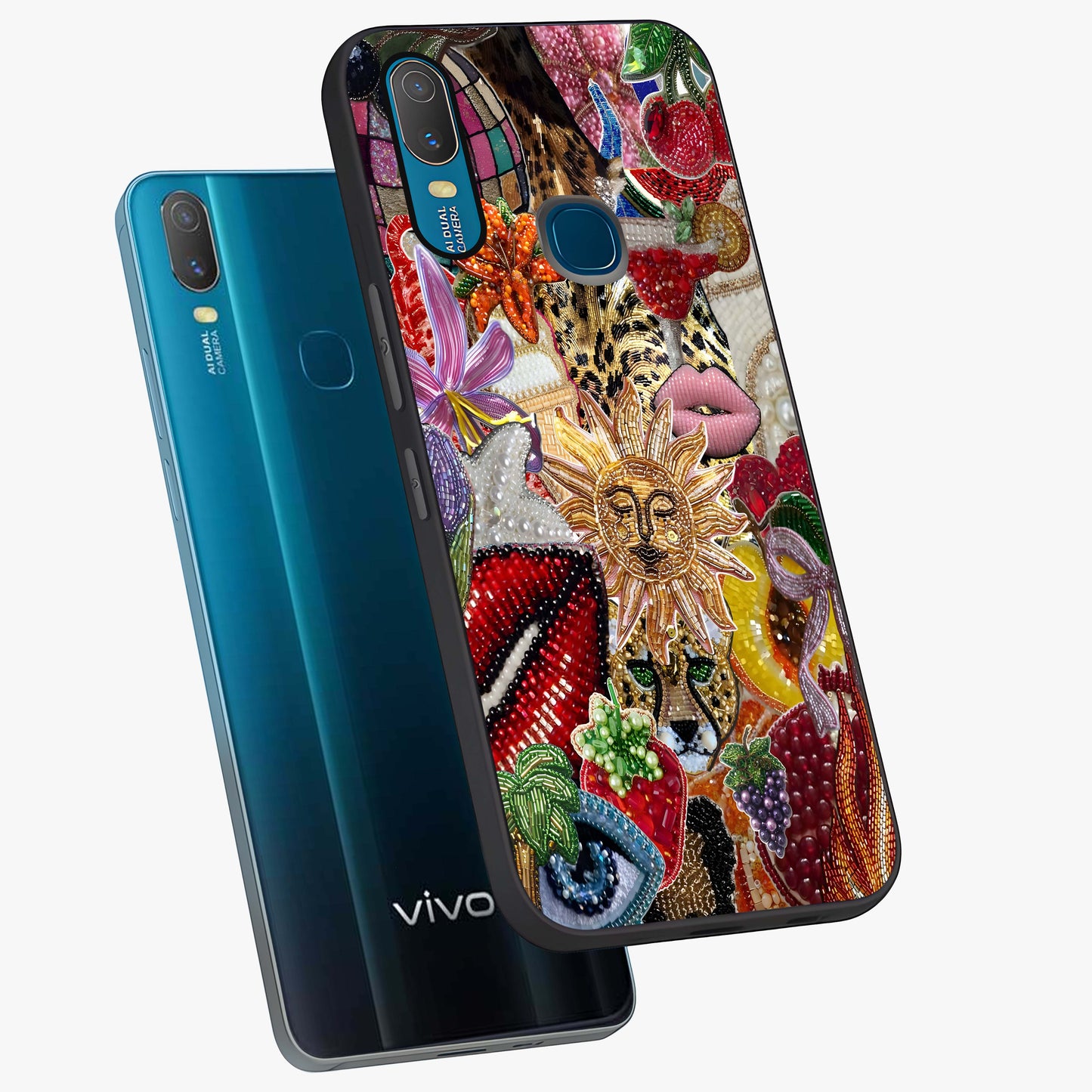 Beaded Fashion Jungle Glass Case displayed in angled mockup highlighting colorful fashion bead design and artistic pattern.
