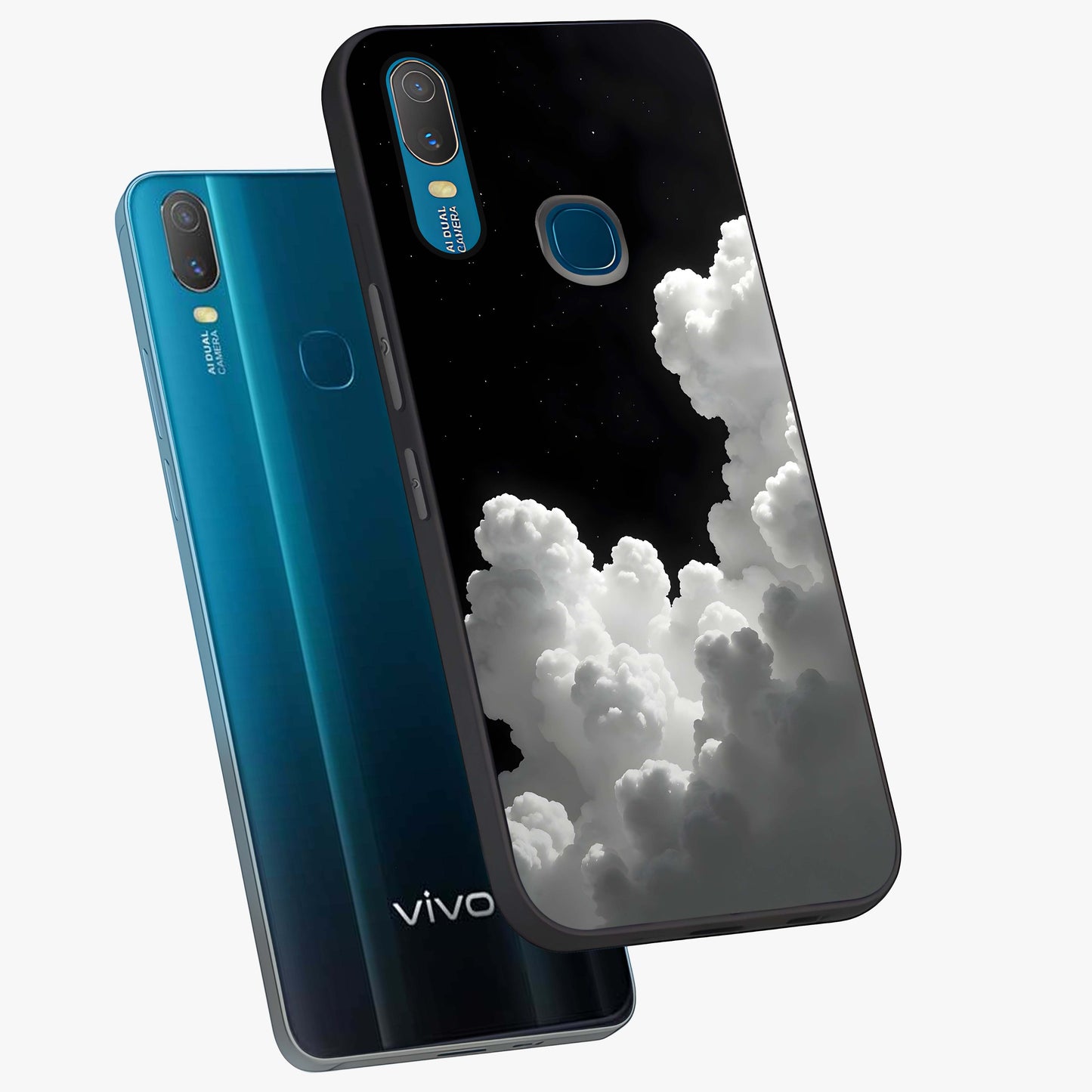Black Background With White Cloud Glass Case displayed in angled mockup highlighting soft white cloud illustration and minimal design.