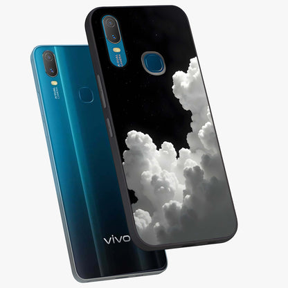 Black Background With White Cloud Glass Case displayed in angled mockup highlighting soft white cloud illustration and minimal design.