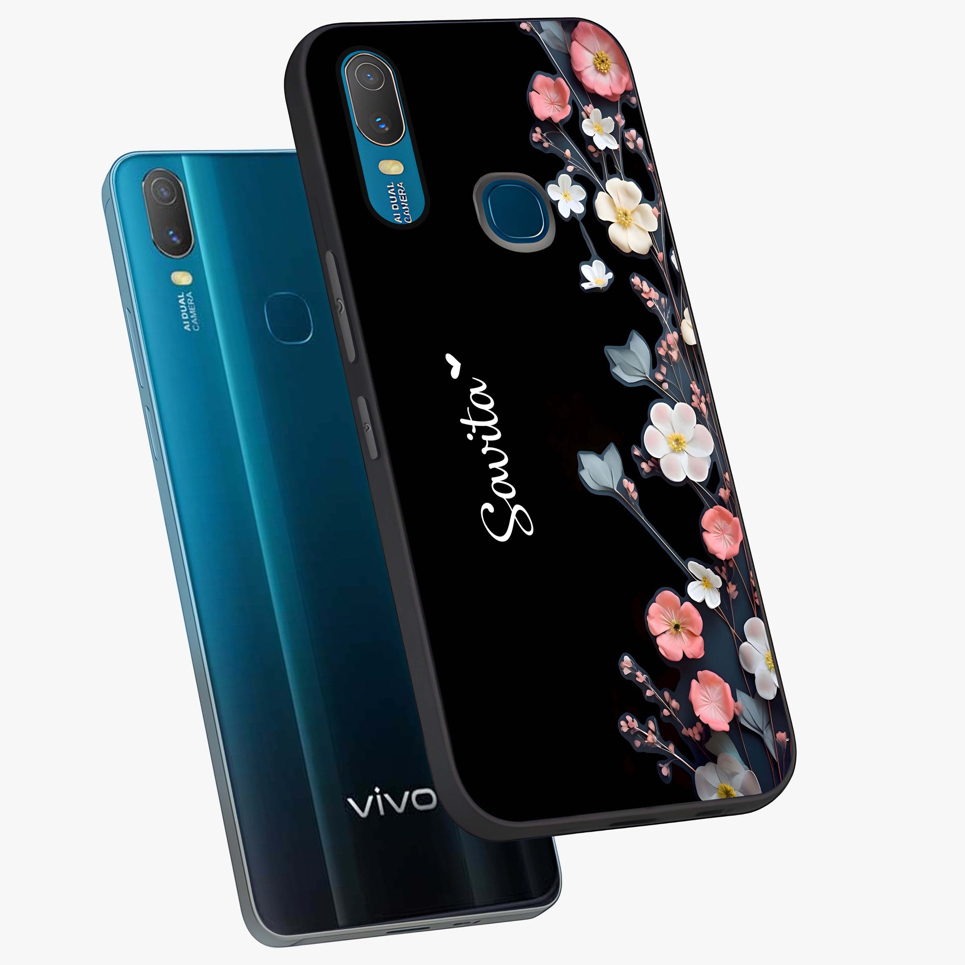 Black Elegance Floral Custom Name Glass Case displayed in angled mockup highlighting dark floral aesthetic and custom name feature.