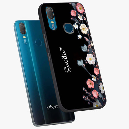 Black Elegance Floral Custom Name Glass Case displayed in angled mockup highlighting dark floral aesthetic and custom name feature.